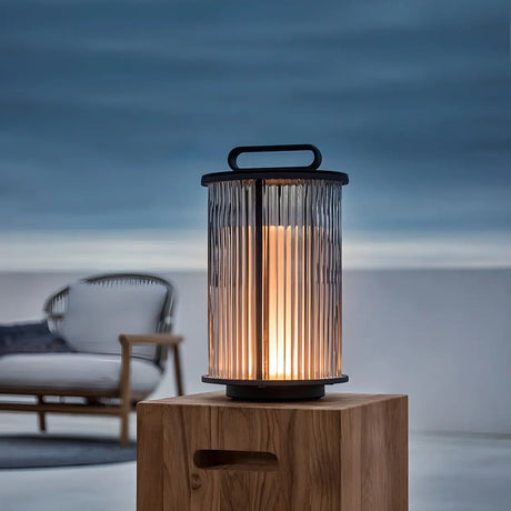 Stylish Cylindrical Glass Outdoor Lantern Table Lamp Black Image - 1