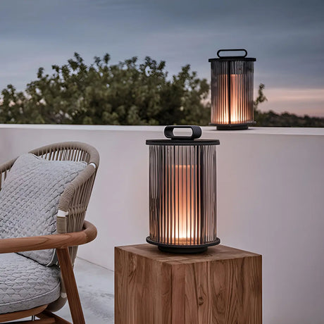 Stylish Cylindrical Glass Outdoor Lantern Table Lamp Black Image - 2