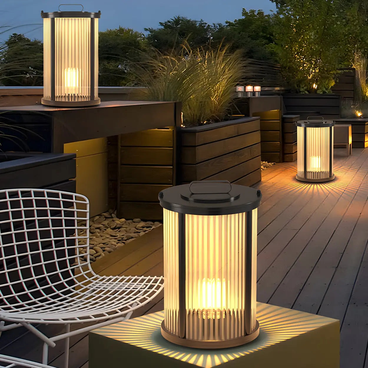 Stylish Cylindrical Metal Outdoor Lantern Table Lamp Image - 1