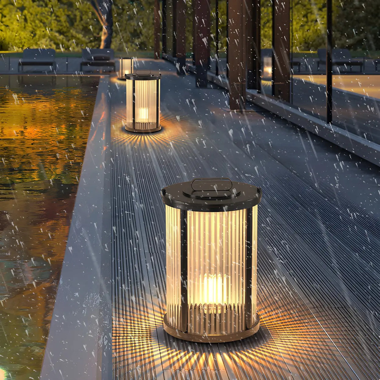 Stylish Cylindrical Metal Outdoor Lantern Table Lamp Image - 4