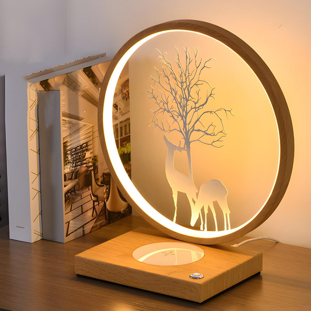 Stylish Deer Silhouette Circle Metal Bedside Table Lamp Image - 15