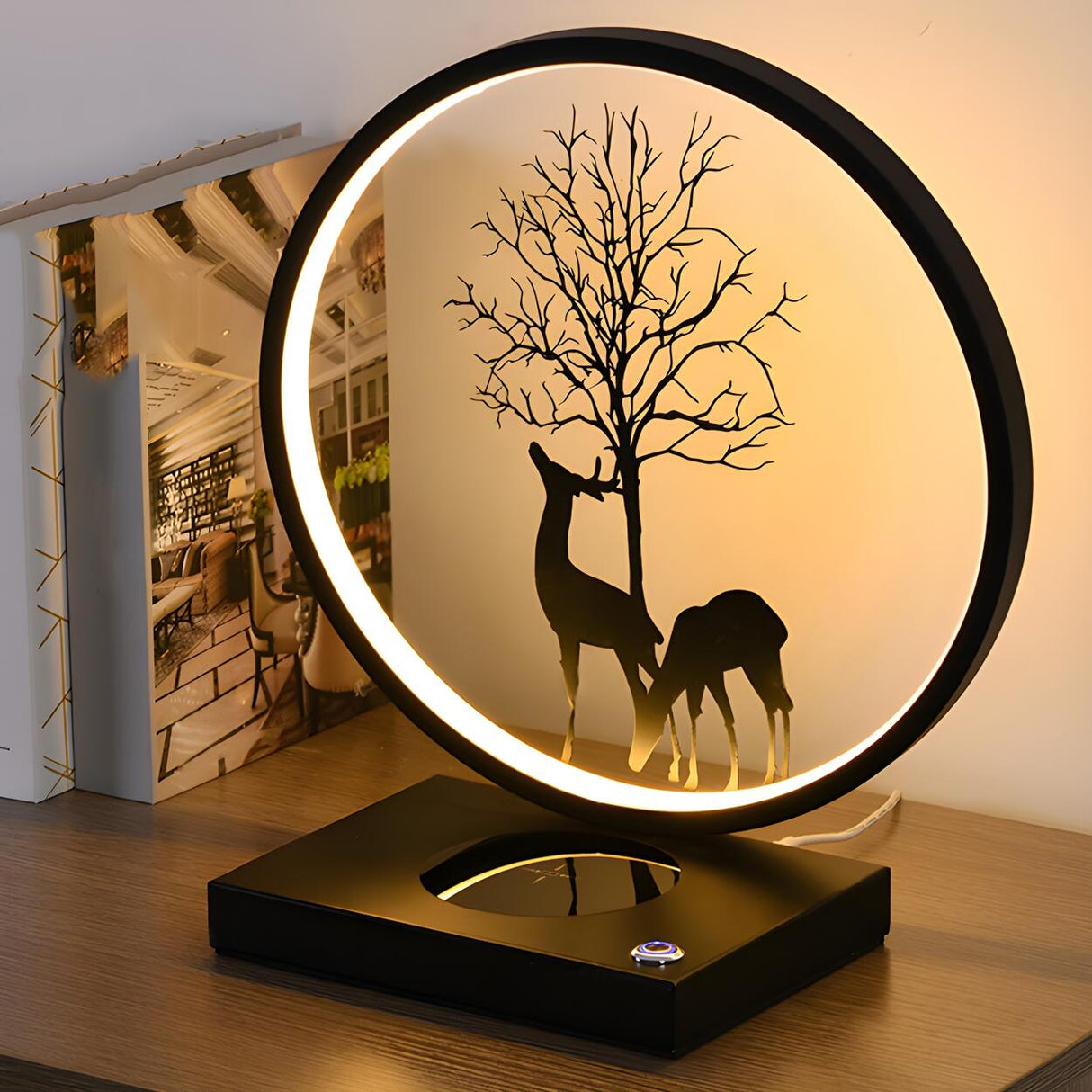 Stylish Deer Silhouette Circle Metal Bedside Table Lamp Image - 4