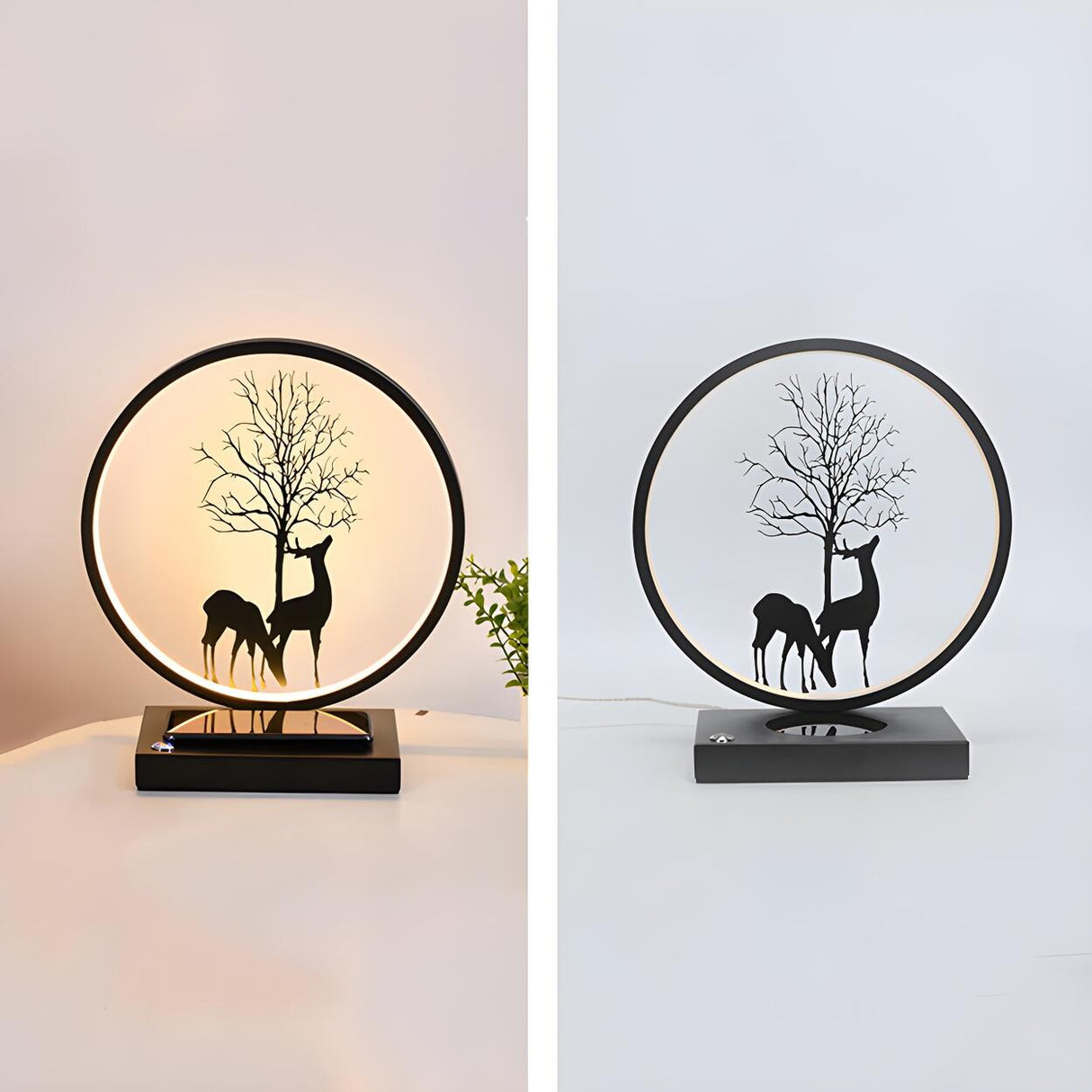 Stylish Deer Silhouette Circle Metal Bedside Table Lamp Image - 7