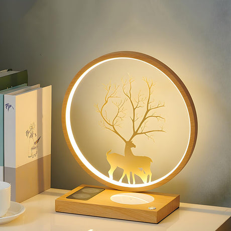 Stylish Deer Silhouette Gold Ring Wood Frame Table Lamp Image - 1