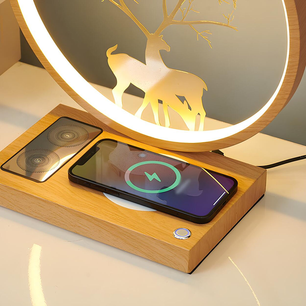 Stylish Deer Silhouette Gold Ring Wood Frame Table Lamp Image - 13