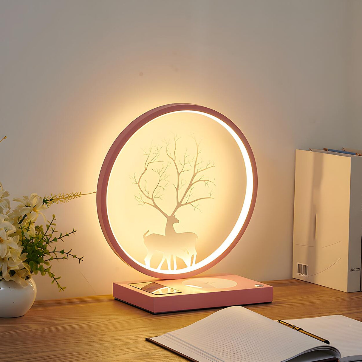 Stylish Deer Silhouette Gold Ring Wood Frame Table Lamp Image - 17