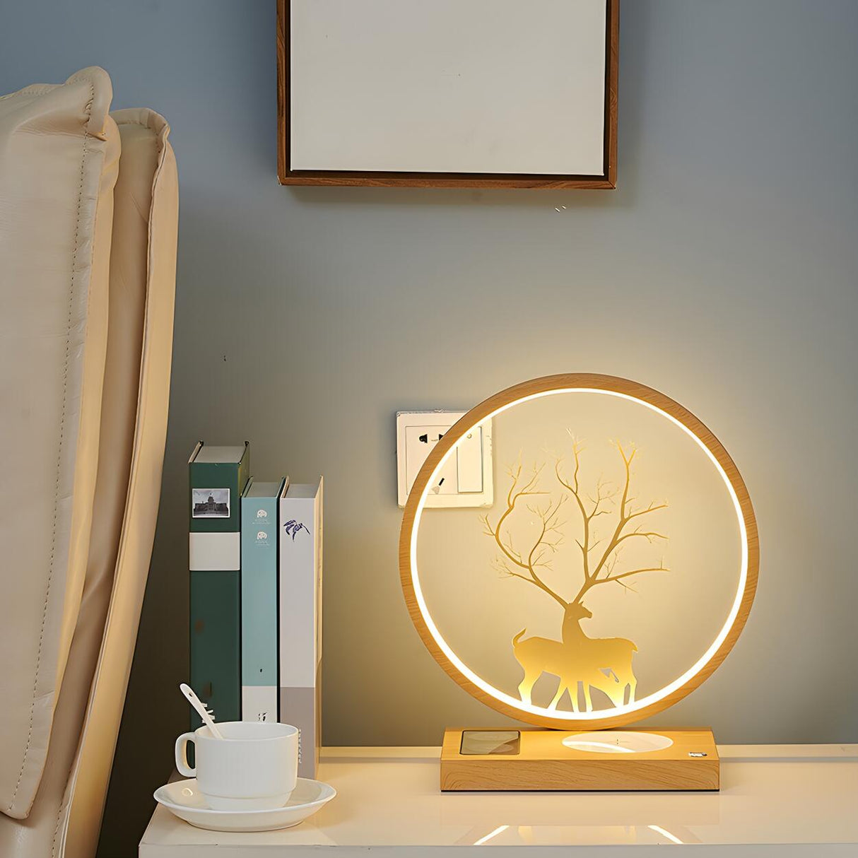 Stylish Deer Silhouette Gold Ring Wood Frame Table Lamp Image - 19