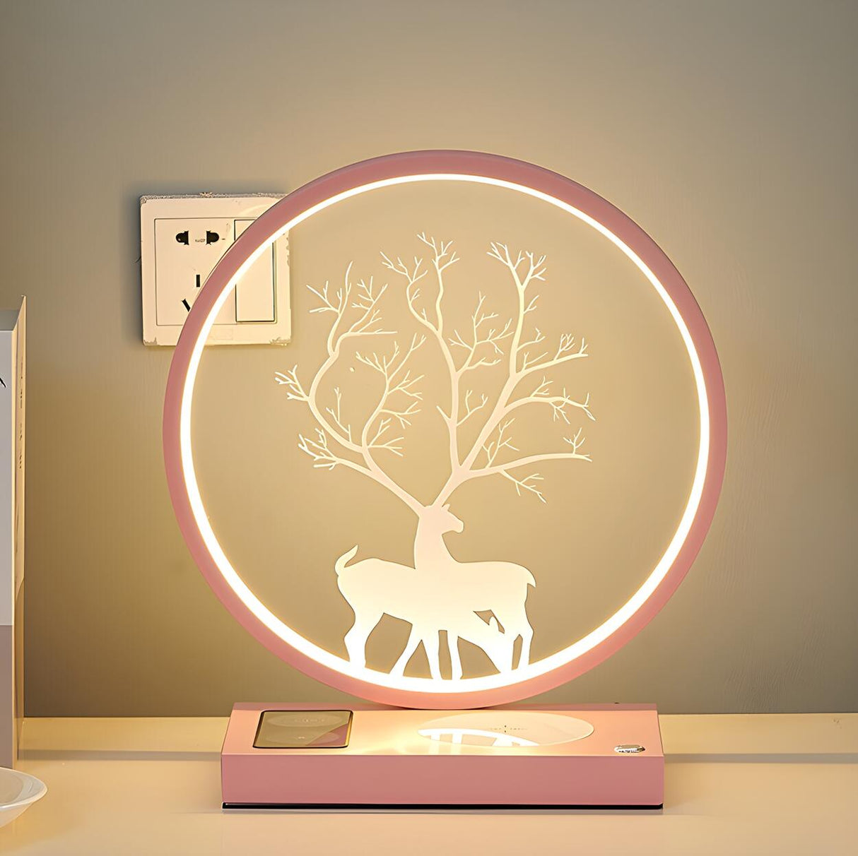 Stylish Deer Silhouette Gold Ring Wood Frame Table Lamp Image - 2