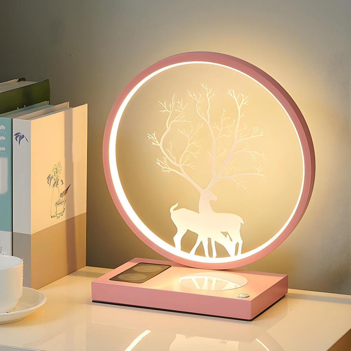 Stylish Deer Silhouette Gold Ring Wood Frame Table Lamp Image - 3