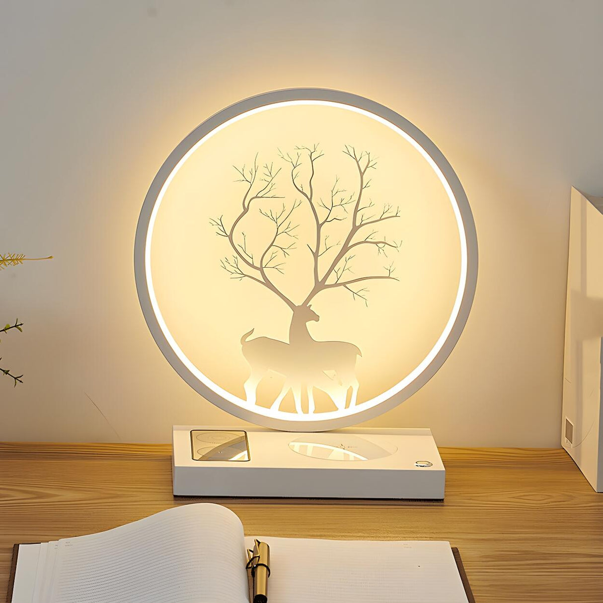 Stylish Deer Silhouette Gold Ring Wood Frame Table Lamp Image - 5