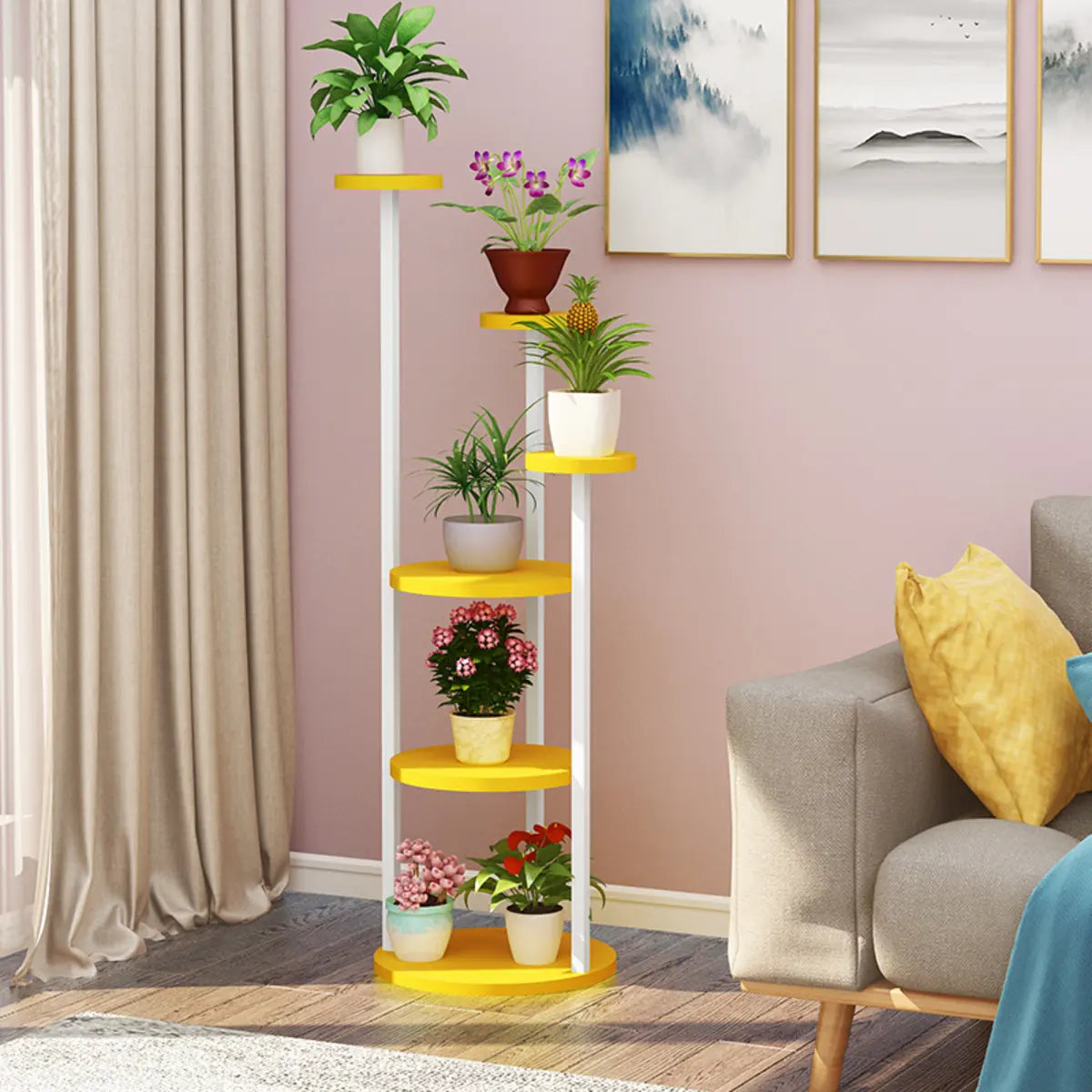 Stylish Floor Round Wooden Pallet Sliding Flower Stand Image - 14