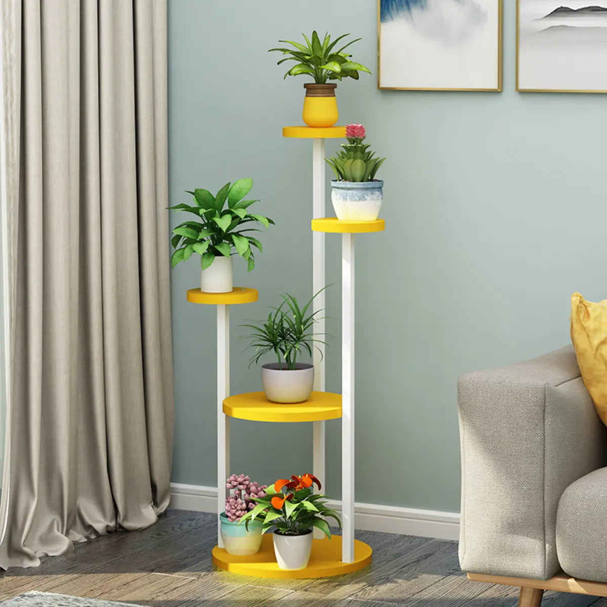 Stylish Floor Round Wooden Pallet Sliding Flower Stand Image - 7