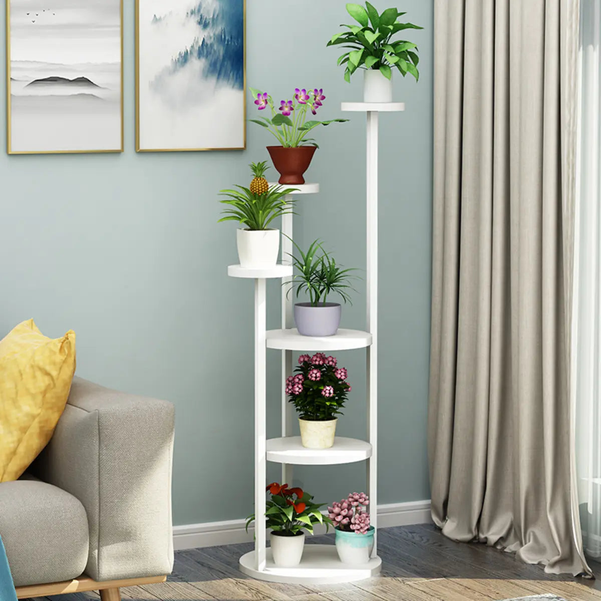 Stylish Floor Round Wooden Pallet Sliding Flower Stand Image - 8