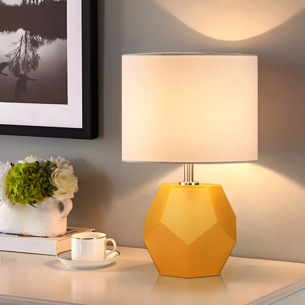 Stylish Geometric Base Barrel Fabric Shade Table Lamp Image - 6