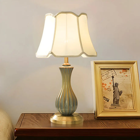 Stylish Geometric Drum-Shaded Brass Base Table Lamp Image - 1