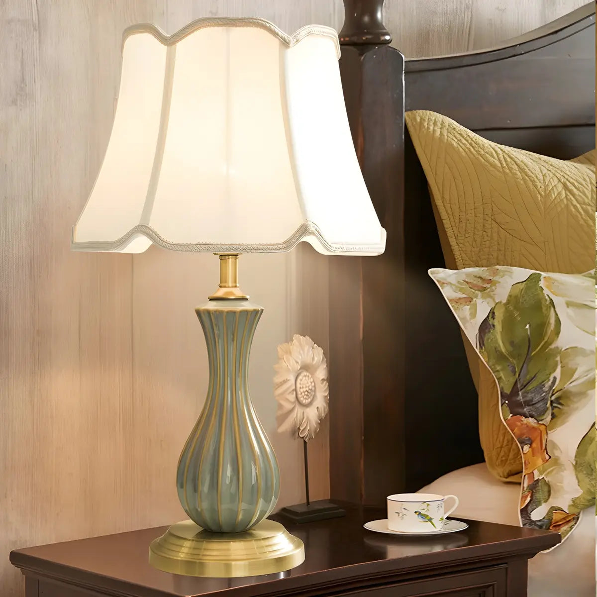 Stylish Geometric Drum-Shaded Brass Base Table Lamp Image - 3