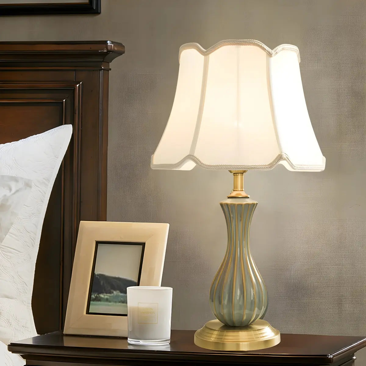 Stylish Geometric Drum-Shaded Brass Base Table Lamp Image - 4