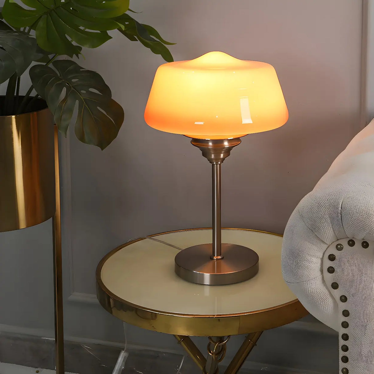 Stylish Glass Cup Shape Amber Shade Bedside Table Lamp Image - 1