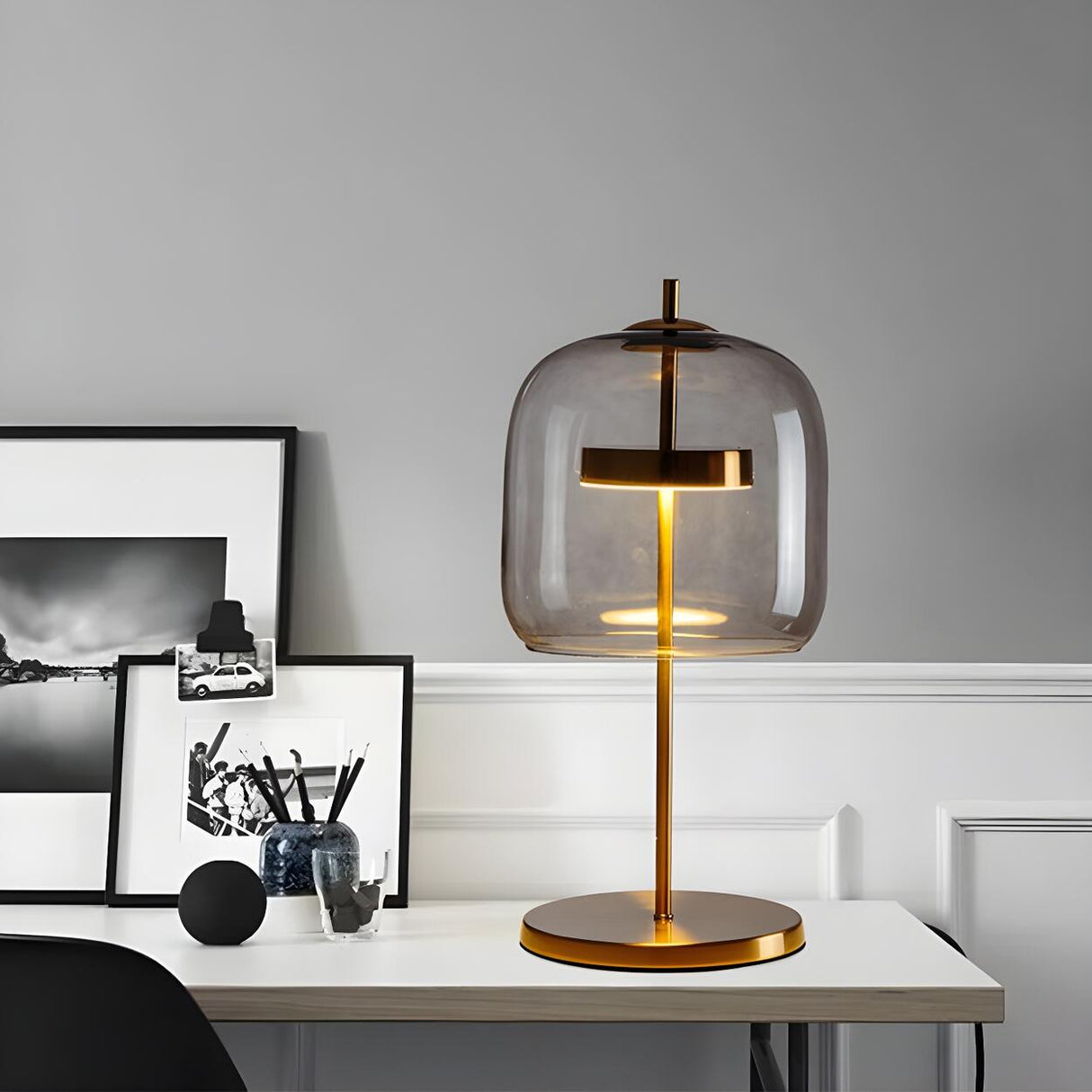 Stylish Glass Dome Geometric Brass Finish Table Lamp Image - 3