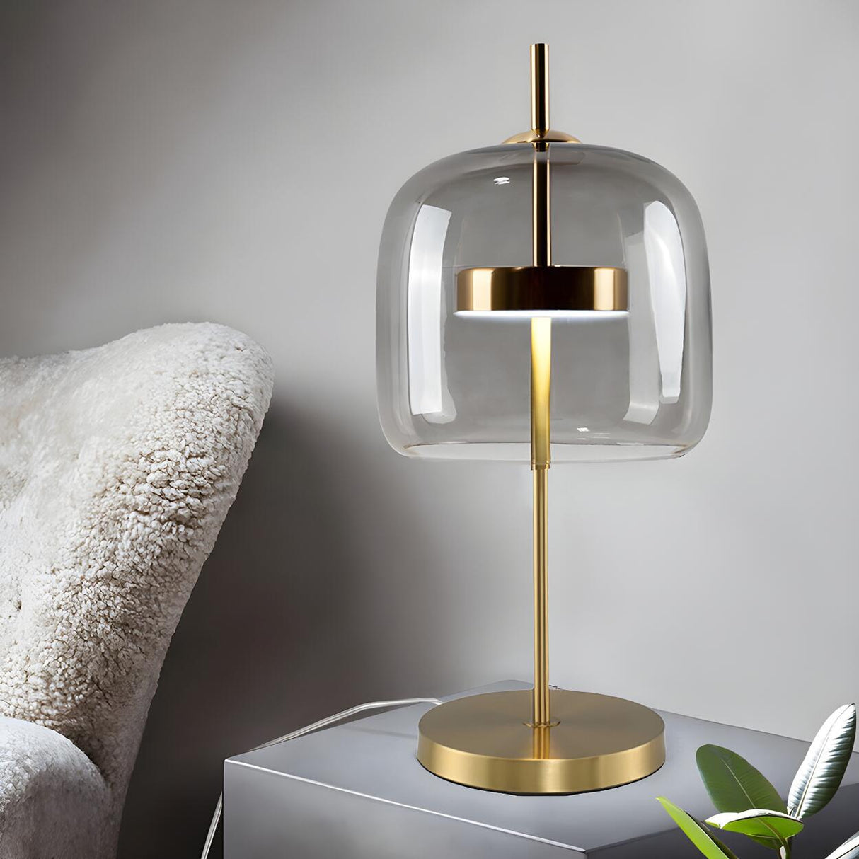 Stylish Glass Dome Geometric Brass Finish Table Lamp Image - 4