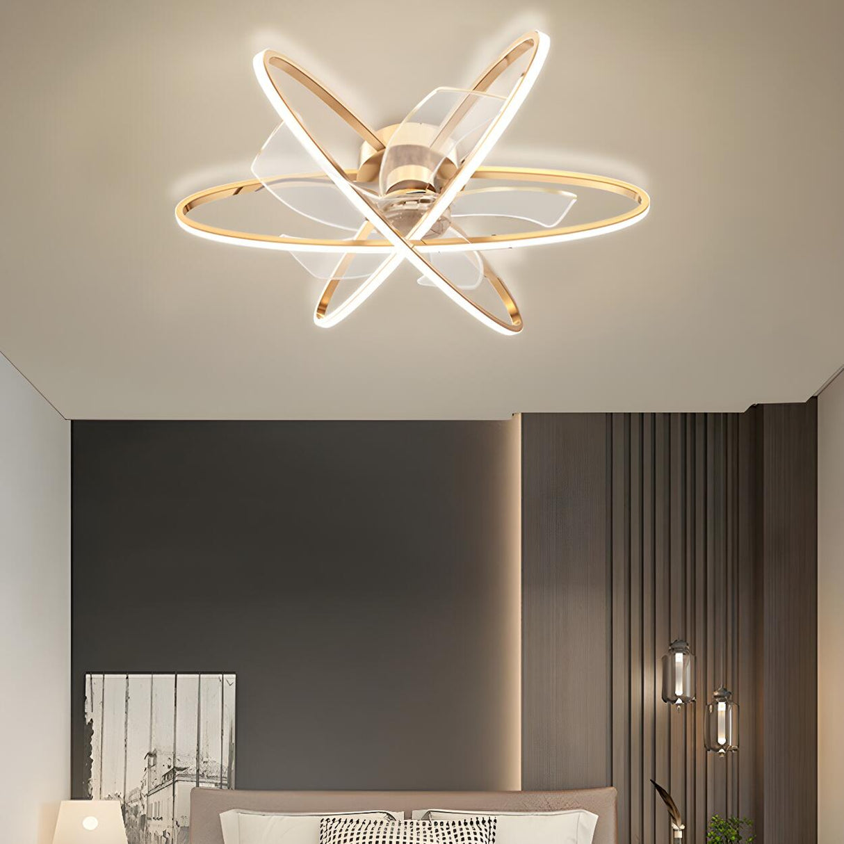 Stylish Gold 3 Ring Metal Geometric Ceiling Fan Light Image - 13