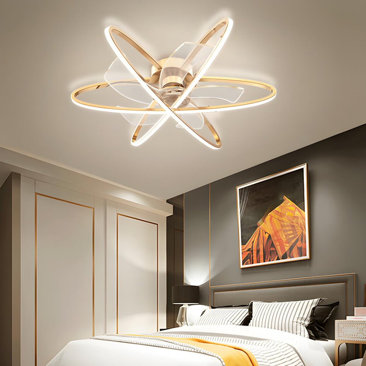 Stylish Gold 3 Ring Metal Geometric Ceiling Fan Light Image - 2