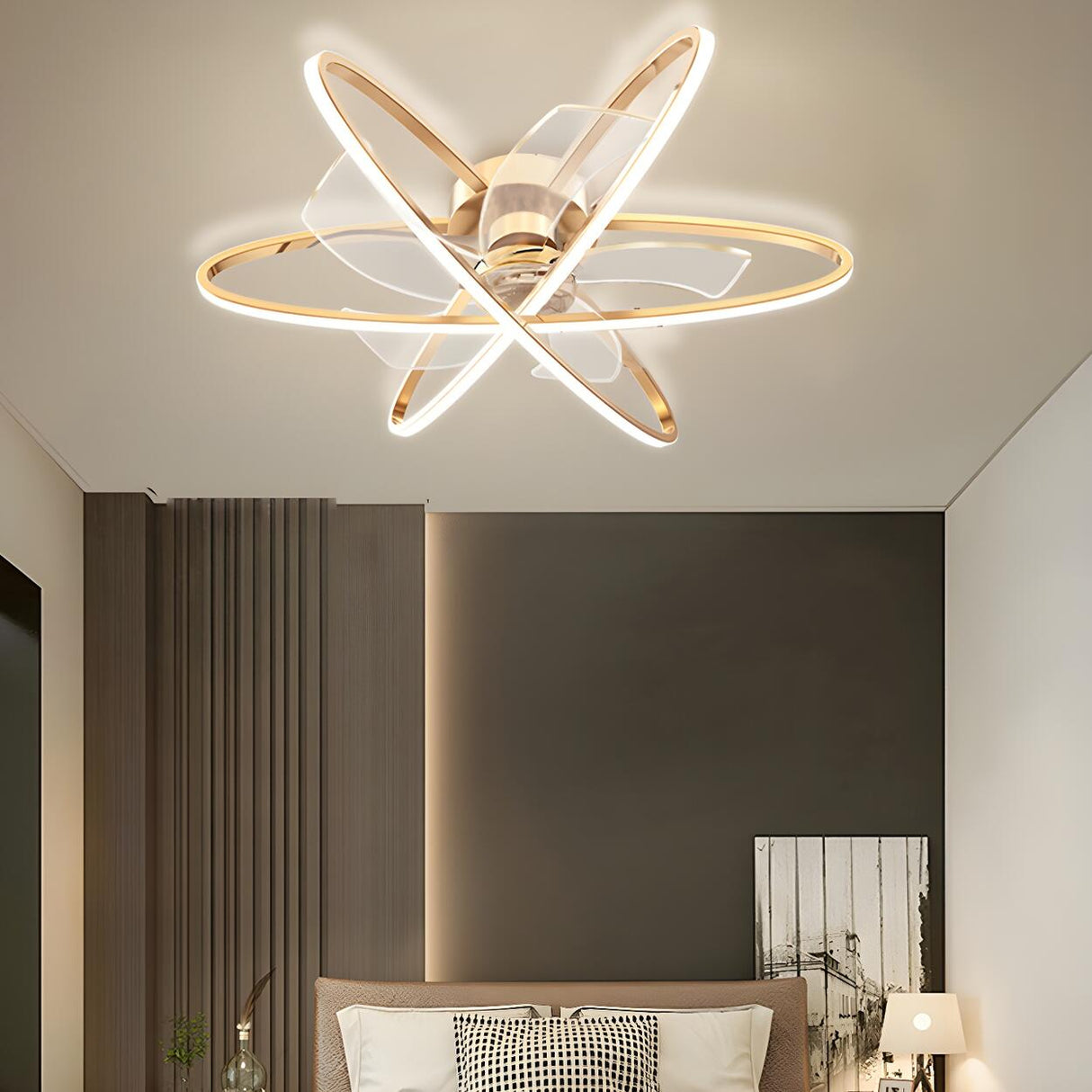 Stylish Gold 3 Ring Metal Geometric Ceiling Fan Light Image - 4