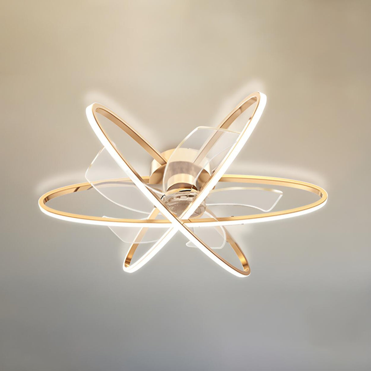 Stylish Gold 3 Ring Metal Geometric Ceiling Fan Light Image - 8