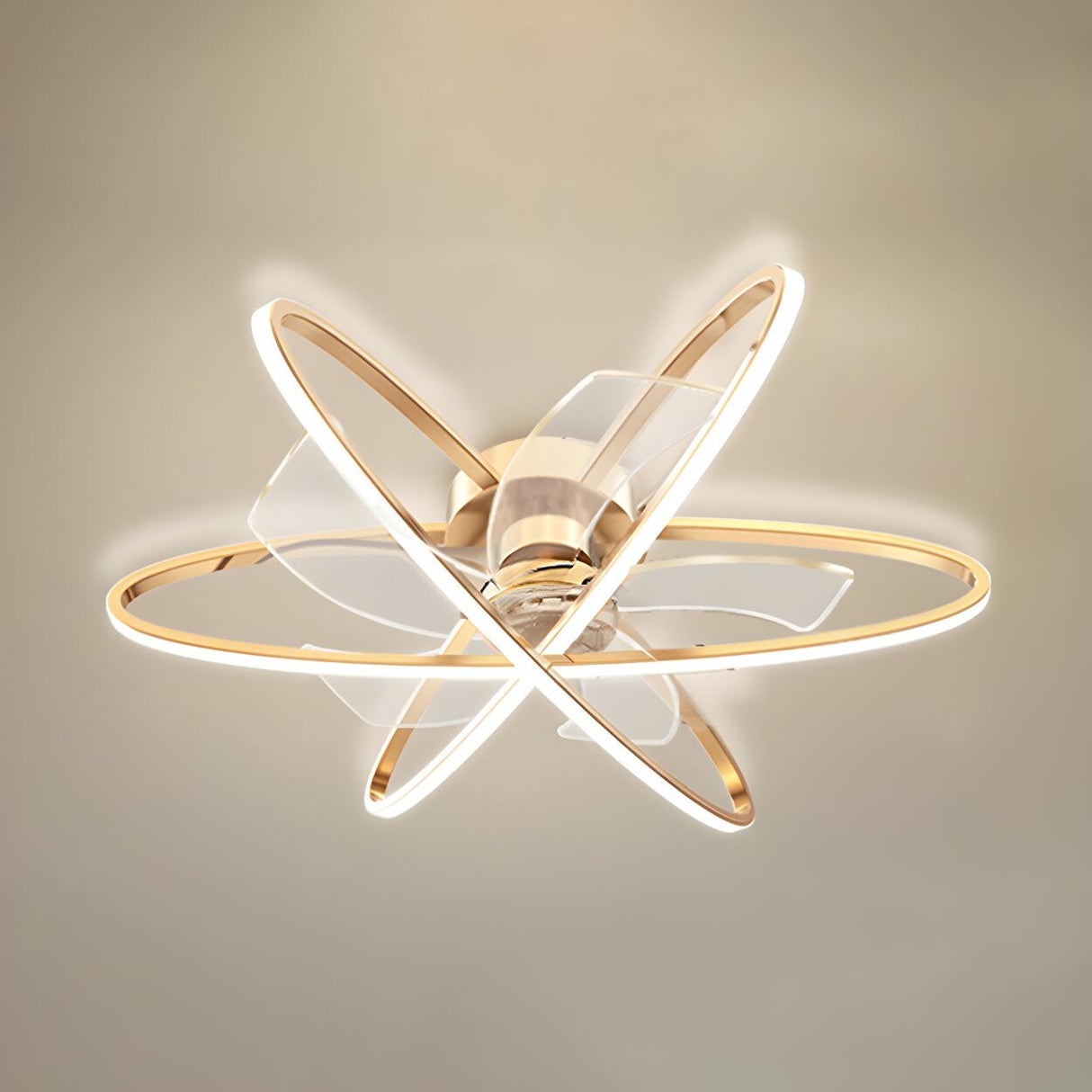 Stylish Gold 3 Ring Metal Geometric Ceiling Fan Light Image - 9