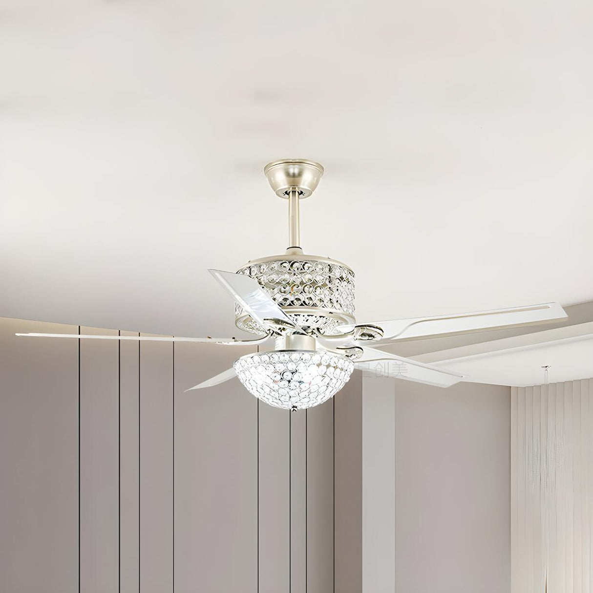 Stylish Gold 5 Blade Bowl Crystal Chandelier Fan Light Image - 10