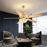 Stylish Gold 5 Blade Bowl Crystal Chandelier Fan Light Image - 2