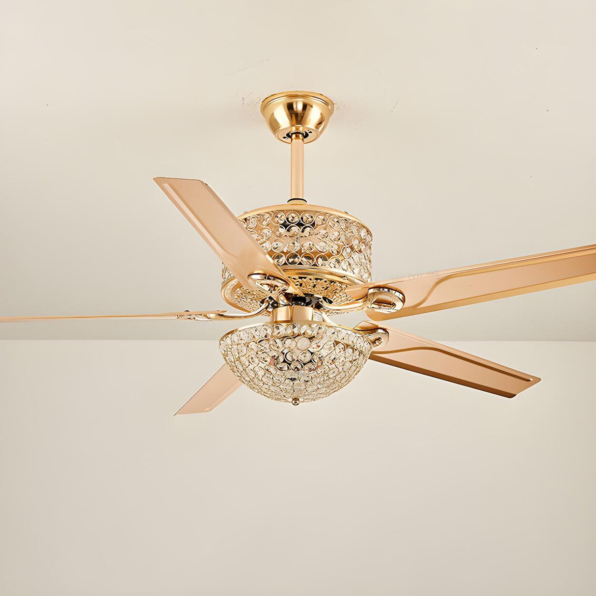 Stylish Gold 5 Blade Bowl Crystal Chandelier Fan Light Image - 8