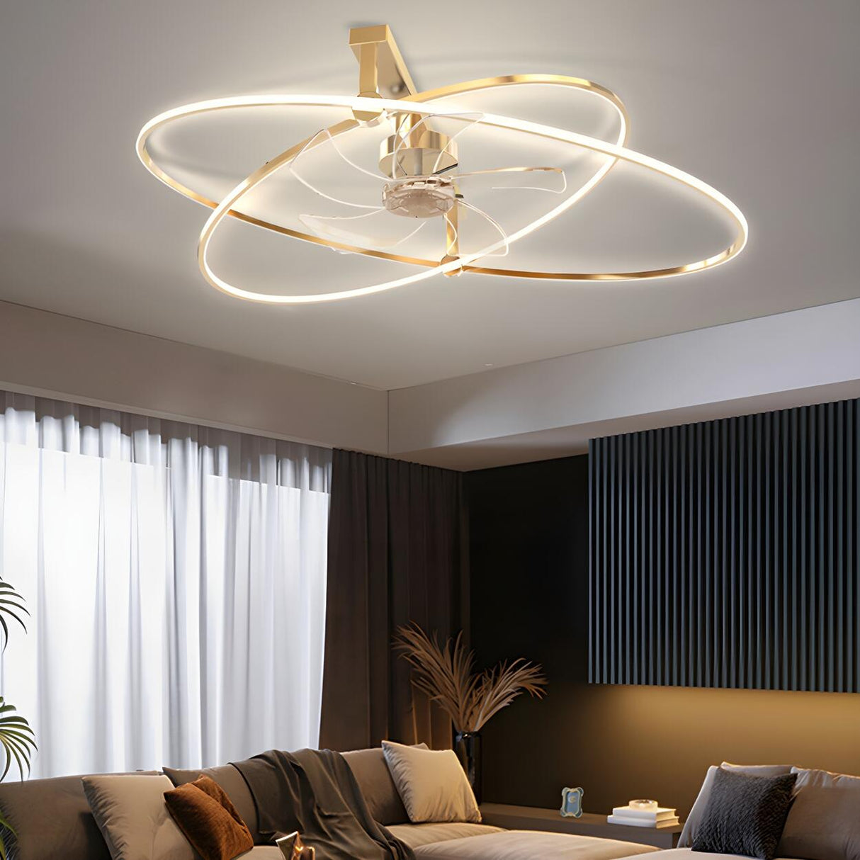 Stylish Gold Cross Ellipse Ring LED Ceiling Fan Light Image - 14