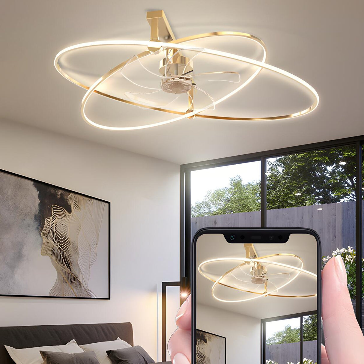 Stylish Gold Cross Ellipse Ring LED Ceiling Fan Light Image - 16