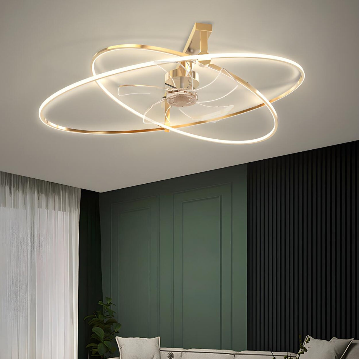 Stylish Gold Cross Ellipse Ring LED Ceiling Fan Light Image - 3