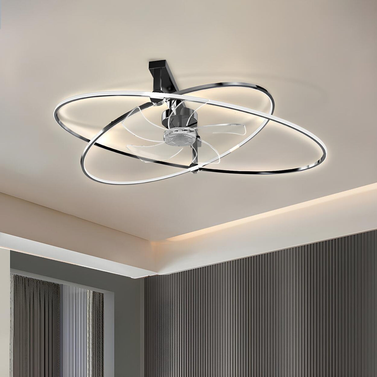 Stylish Gold Cross Ellipse Ring LED Ceiling Fan Light Image - 5