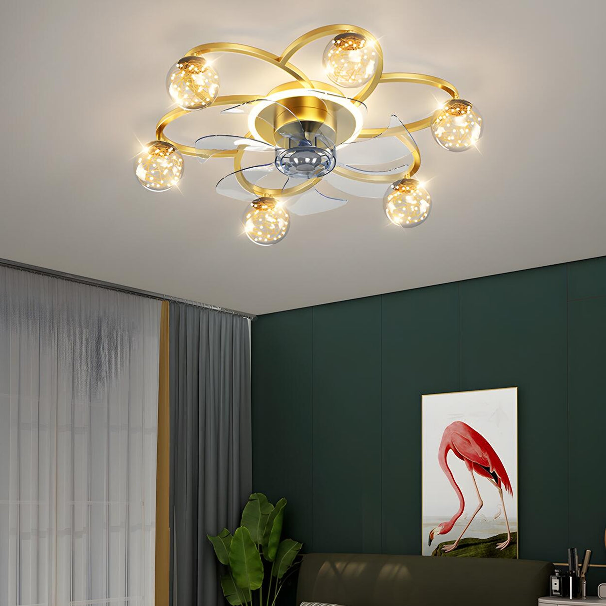 Stylish Gold Flower Ball Shade Metal Ceiling Fan Light Image - 1