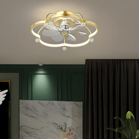 Stylish Gold Flower Metal Flush Ceiling Fan with Light Image - 2