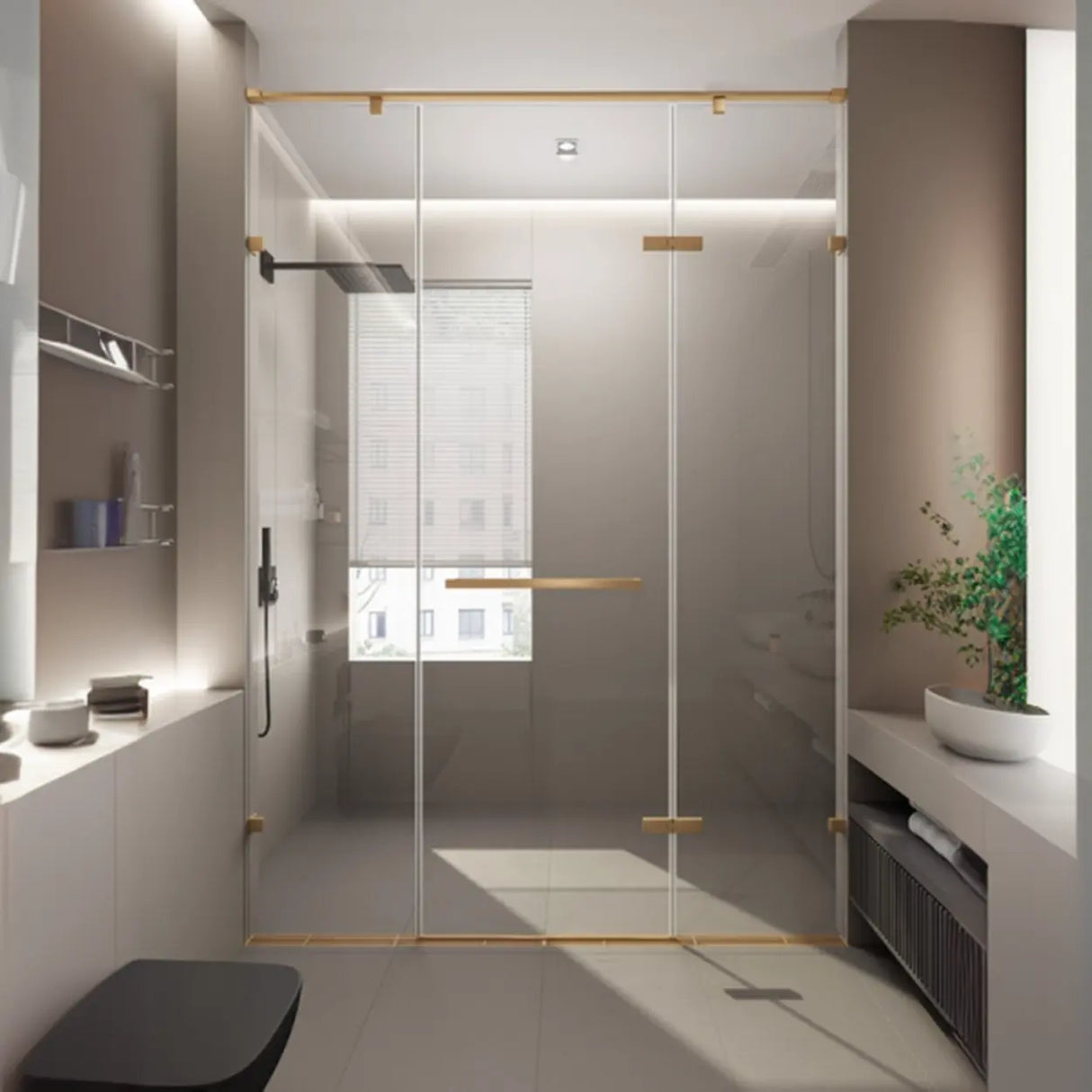 Stylish Gold Hinged Clear Glass Shower Door with Rack Image - 2