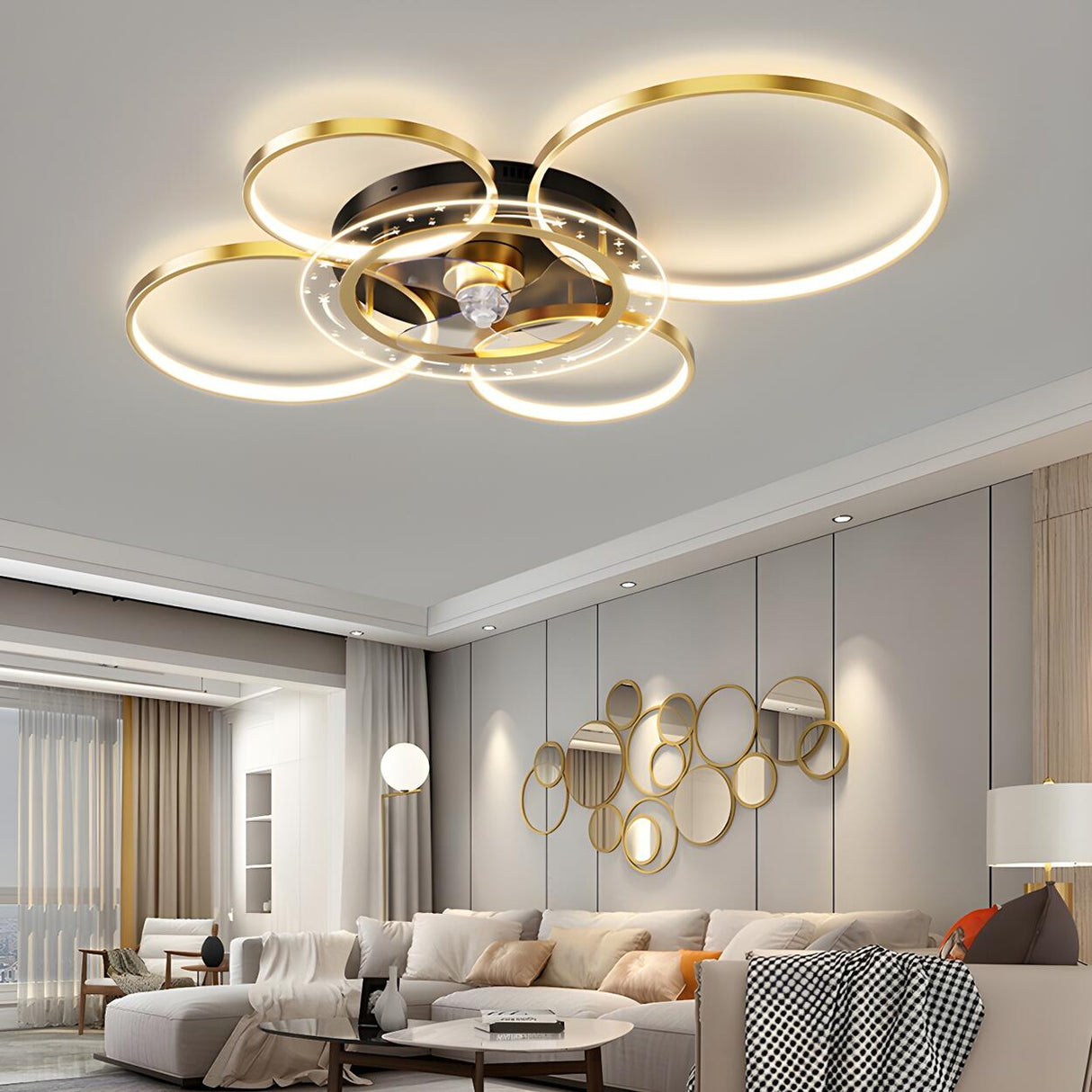 Stylish Gold Multi-Ring LED Ceiling Fan with Light Image - 10