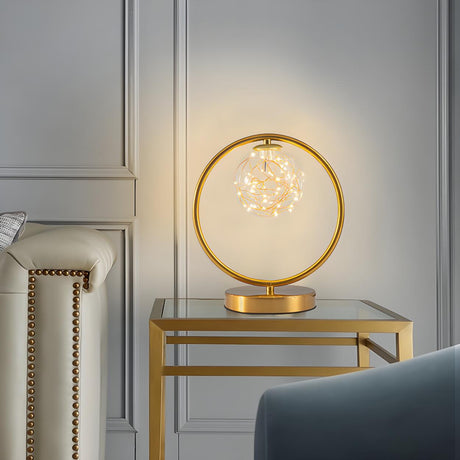 Stylish Golden Globe Glass Ring Bedside Table Lamp Image - 1