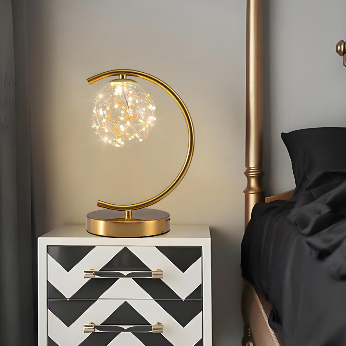 Stylish Golden Globe Glass Ring Bedside Table Lamp Image - 17