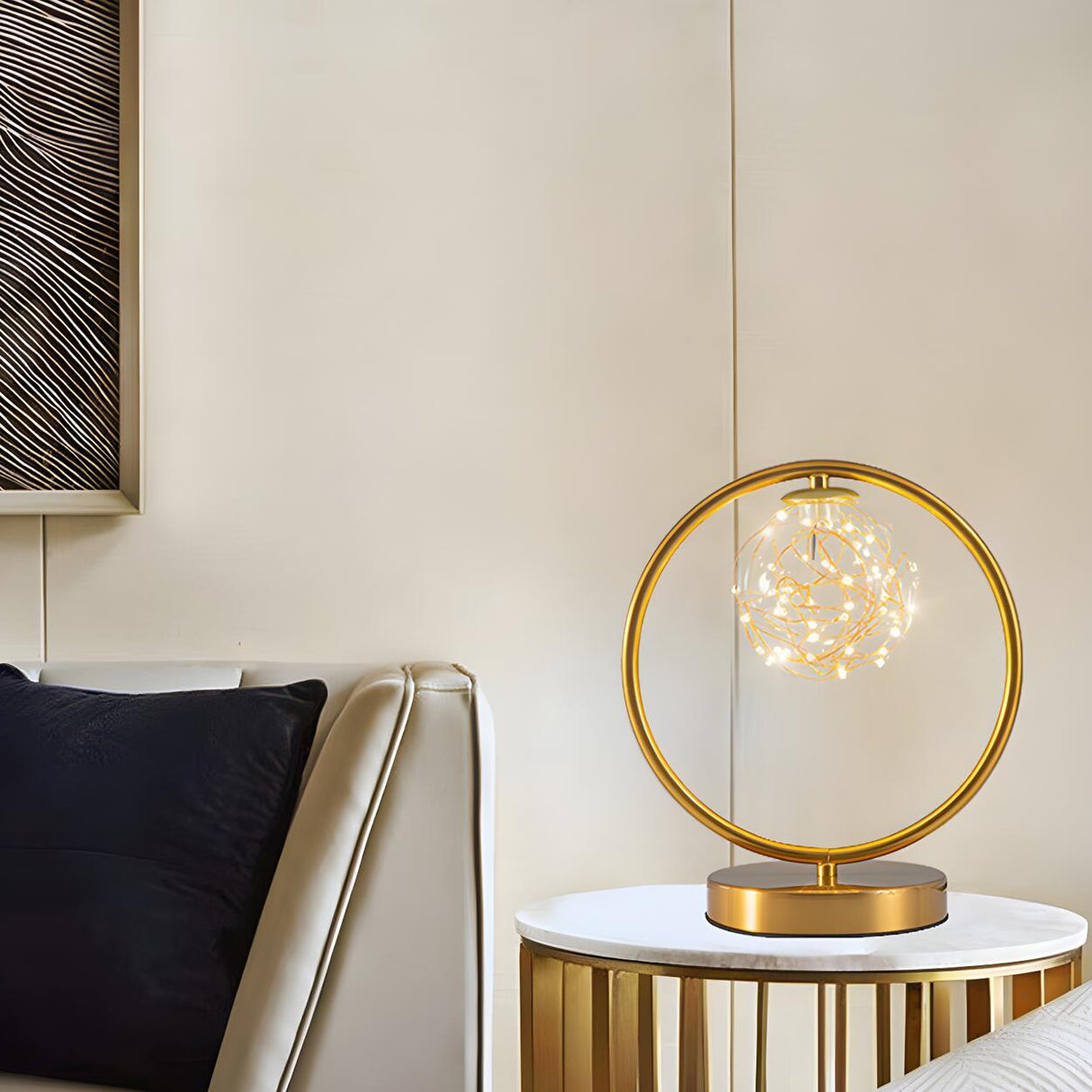 Stylish Golden Globe Glass Ring Bedside Table Lamp Image - 18