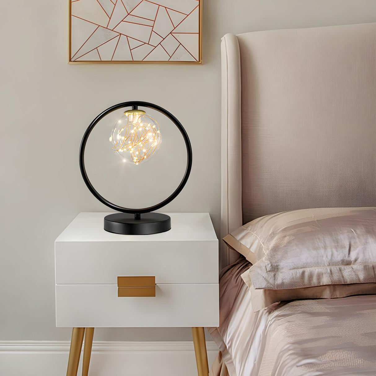 Stylish Golden Globe Glass Ring Bedside Table Lamp Image - 4