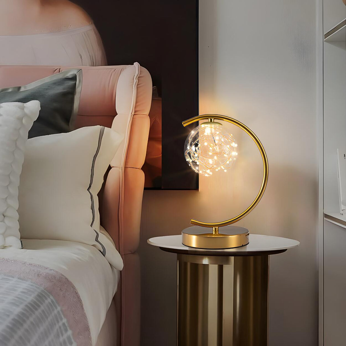 Stylish Golden Globe Glass Ring Bedside Table Lamp Image - 7