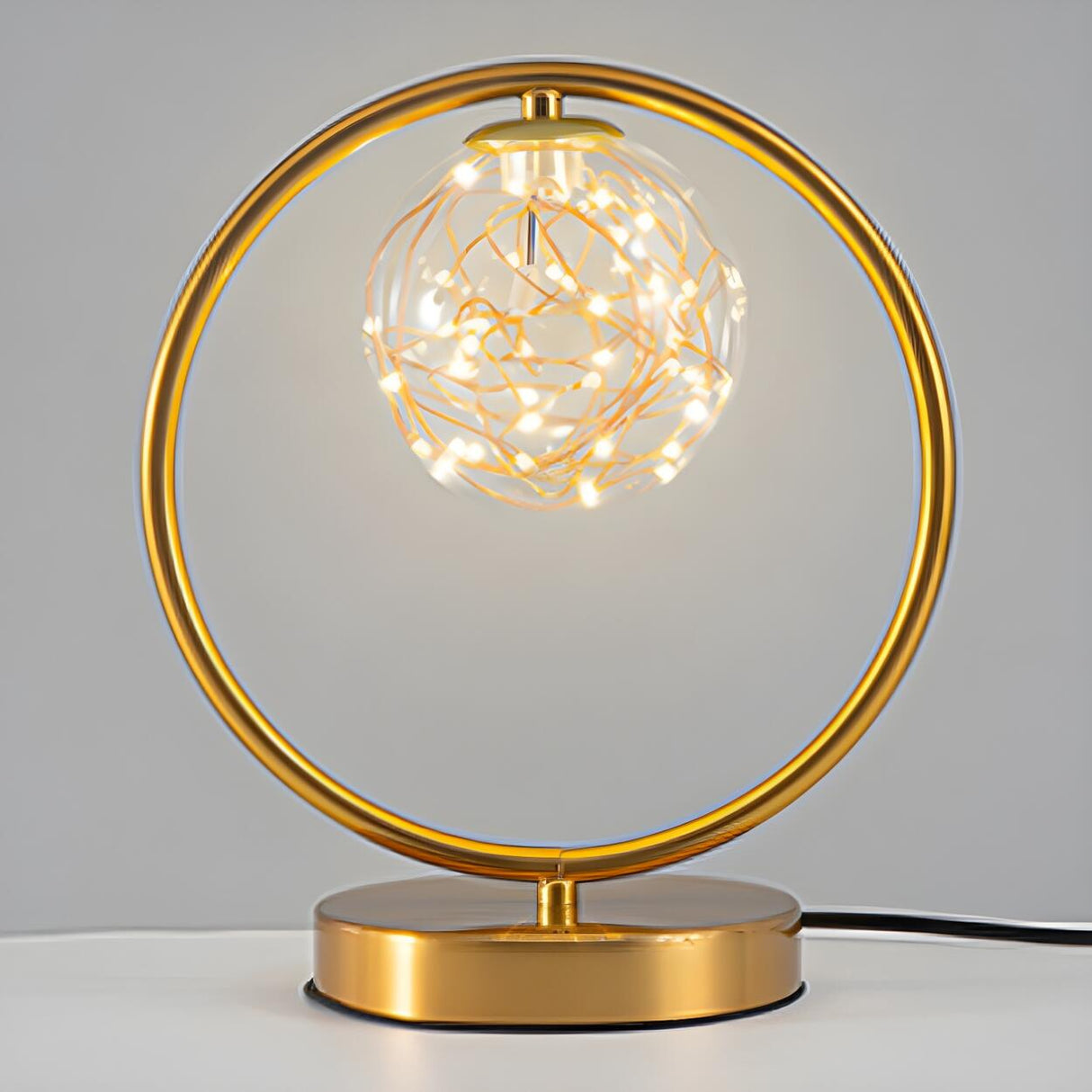 Stylish Golden Globe Glass Ring Bedside Table Lamp Image - 8