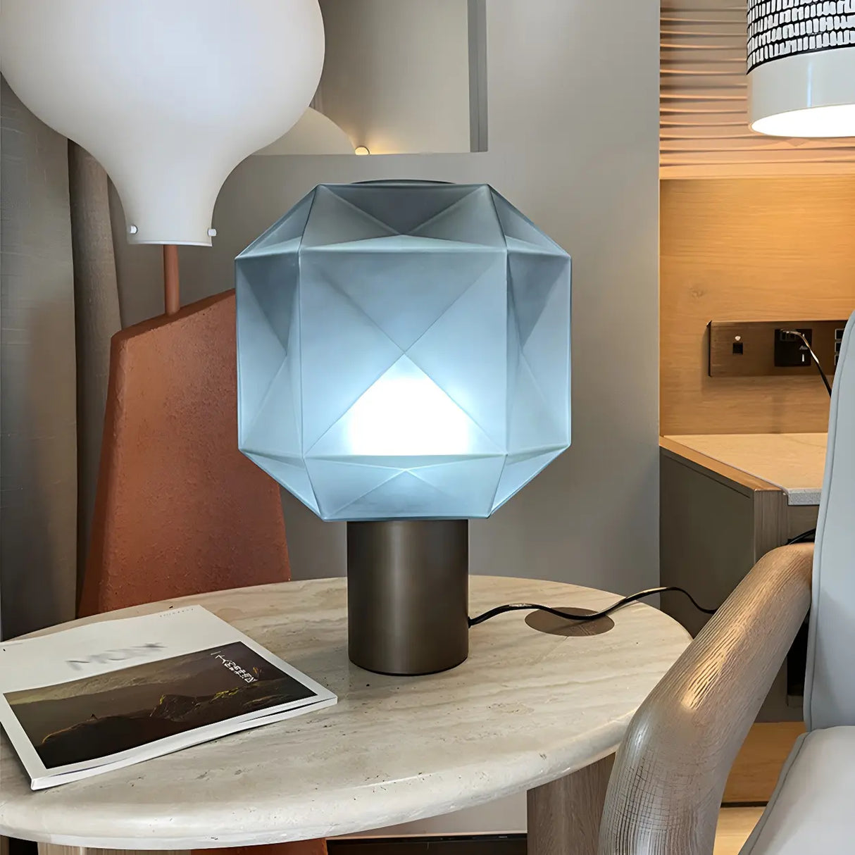 Stylish Gray Cylinder Base Geometric Shade Table Lamp Image - 7