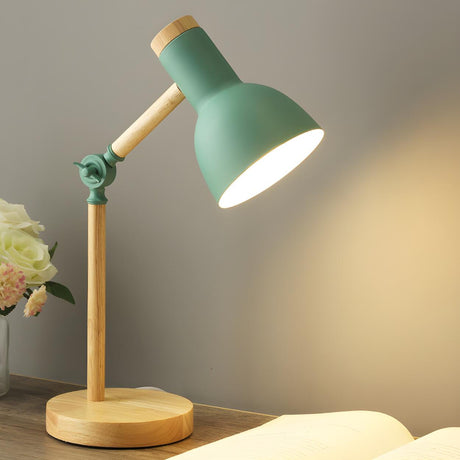 Stylish Green Metal Shade Wood Base Bedside Table Lamp Image - 1