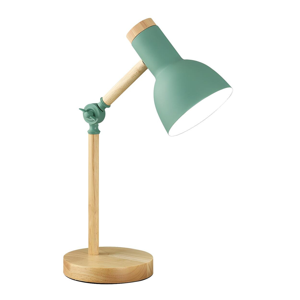 Stylish Green Metal Shade Wood Base Bedside Table Lamp Image - 10