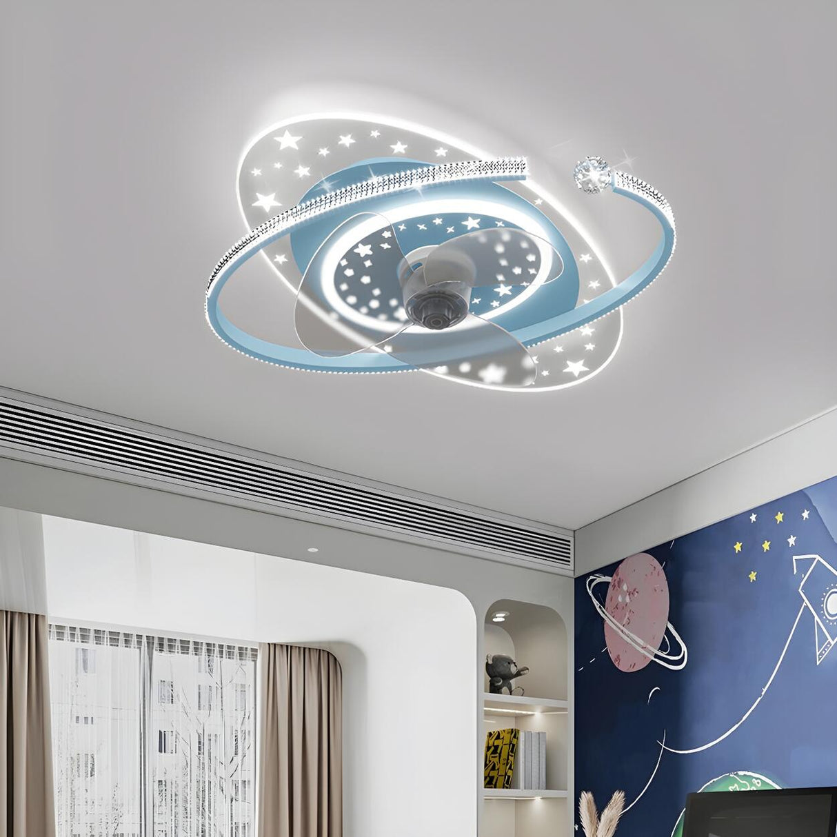 Stylish Kids Room Galaxy Ring Ceiling Fan with Light Image - 2